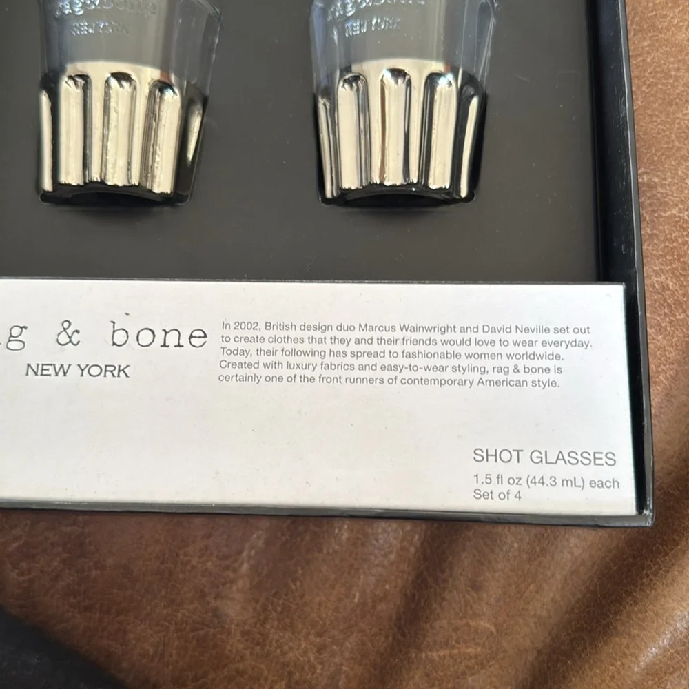 Rag & Bone - 4 Shot Glasses - NIB silver accents